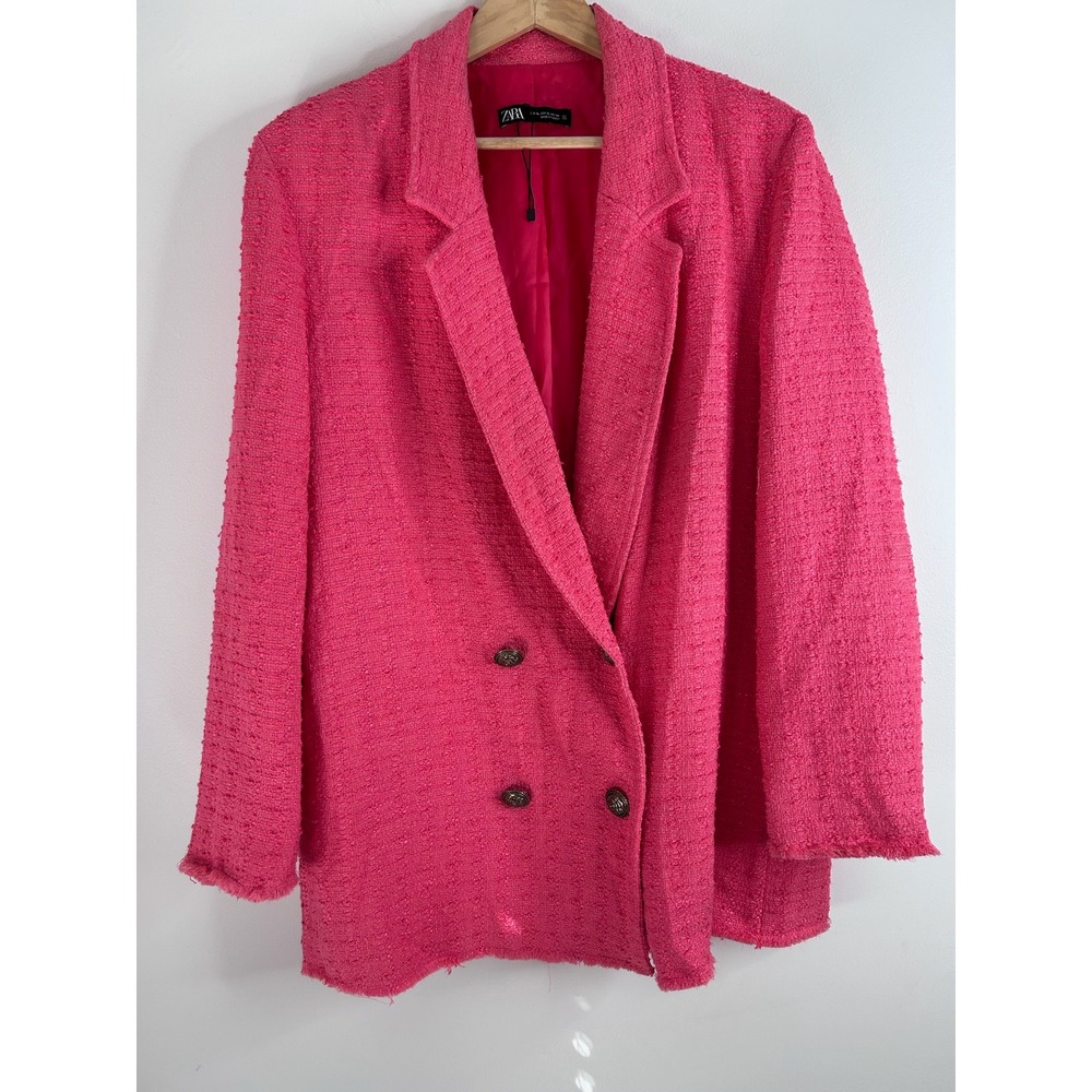 Zara‎ Womens Pink Textured Tweed Double Breasted Fringed Blazer Jacket XL Preppy